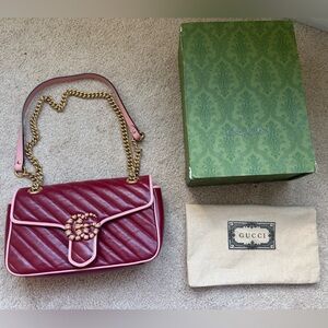 Gucci Marmont Red Pink Quilted Leather Shoulder Bag with Gold Chain Full Set